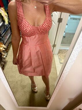 Nanette Lepore Silk Pink and Coral Gingham Fit-and-Flare Dress Size 2